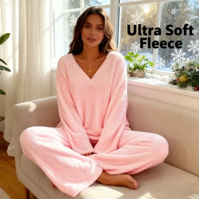

2025 Winter Comfort Solid Color V-Neck Casual Daily Home Warm Two-Piece Set