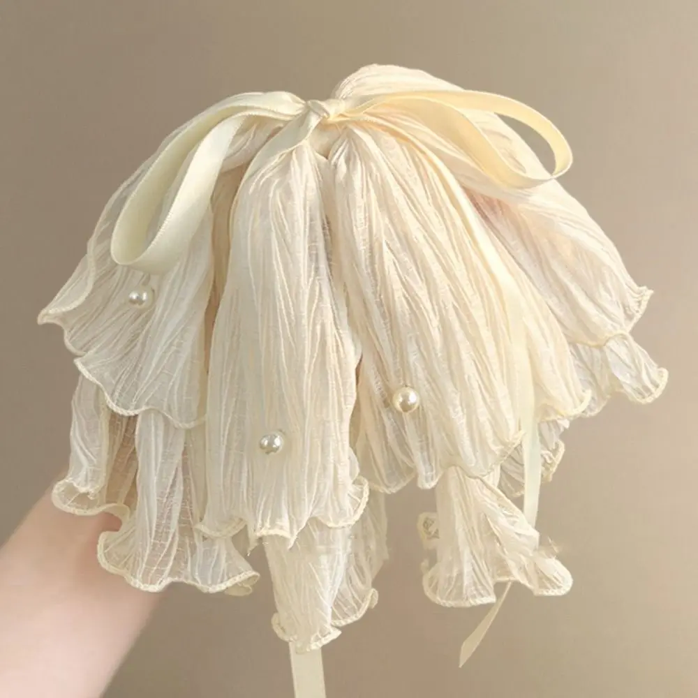 

Super Fairy Bow Mesh Pearl Grab Clip Korean Style Fashion Large Bowknot Shark Clip Elegant Ponytail Headband