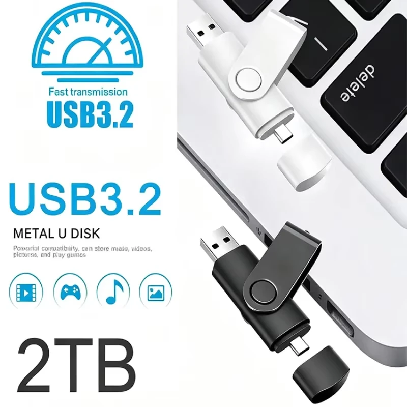 2-IN-1 USB 3.2 Flash Drive Type-C USB High Speed 2TB 1TB 512GB Large Capacity Rotable Pen Drive Memory Stick for Phone Car PC