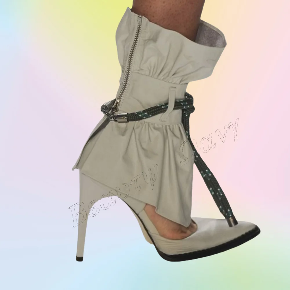 

White Ripe Decor Pointed Toe Boots Thin Heels Pleated Hollow Shoes Mid Calf Shoes for Women Shoes 2025 Zapatos Para Mujere