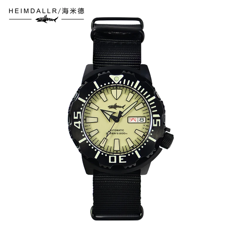 Heimdallr Automatic Watch Monster PVD Black NH36A Movement 42mm C3 Green Full Lume Nylon Strap 20Bar Men's Mechanical Watches