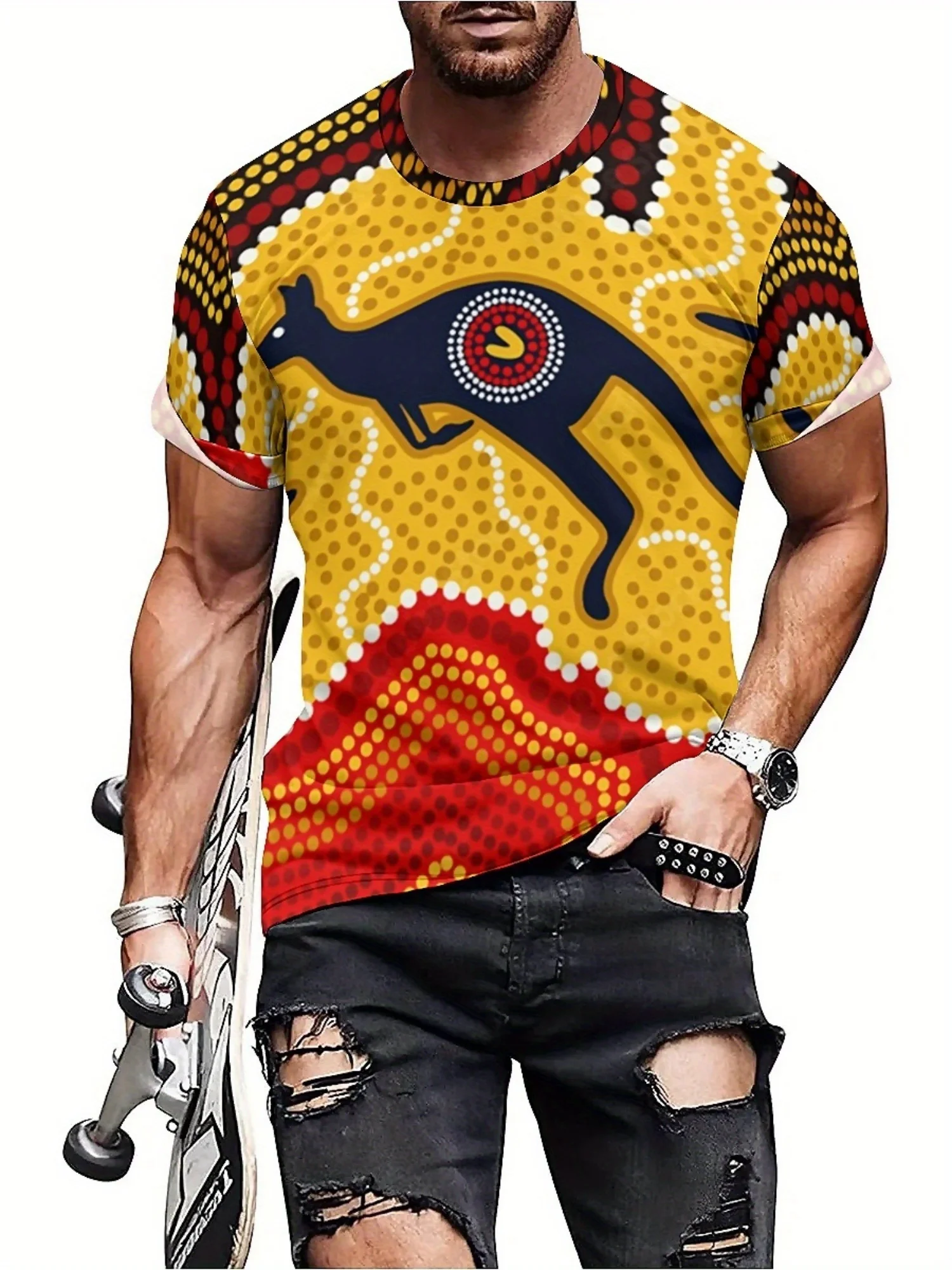 Men's Retro Y2K Kangaroo 3D Graphic T-Shirt Vibrant Abstract Animal Design Soft Round Neck Short Sleeve Tee for Outdoor