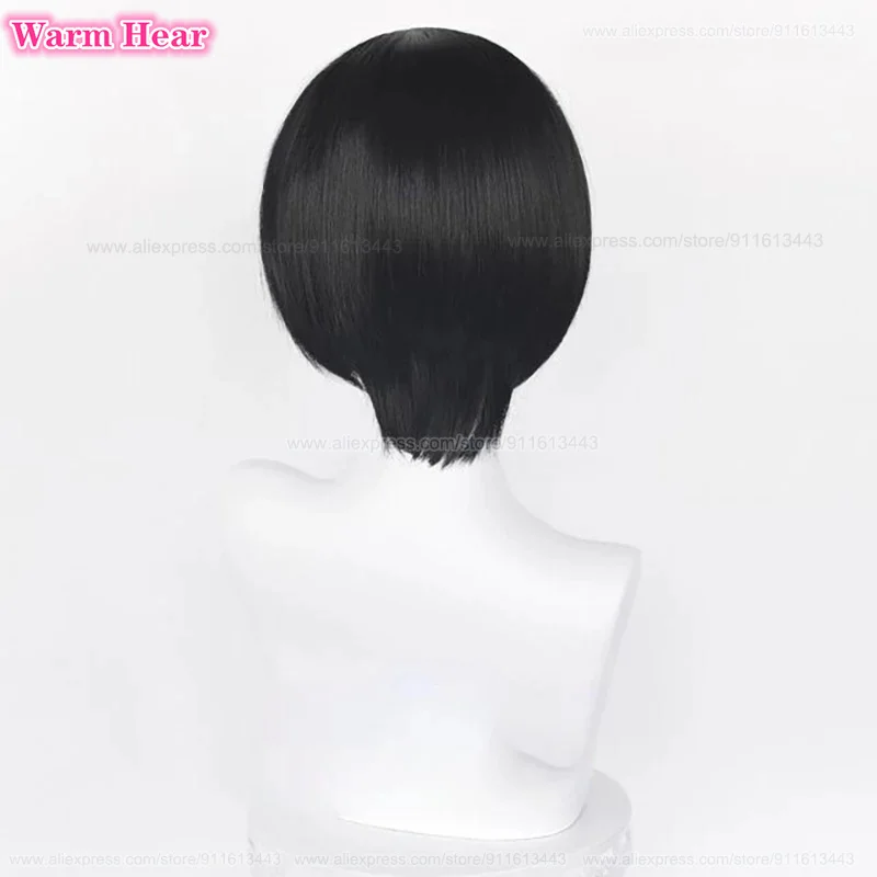 Peruca Cosplay Anime Ada Wong para Mulheres, Perucas Curtas Pretas, Resistente ao Calor, Cabelo Sintético, Festa de Halloween, Boné, 32cm