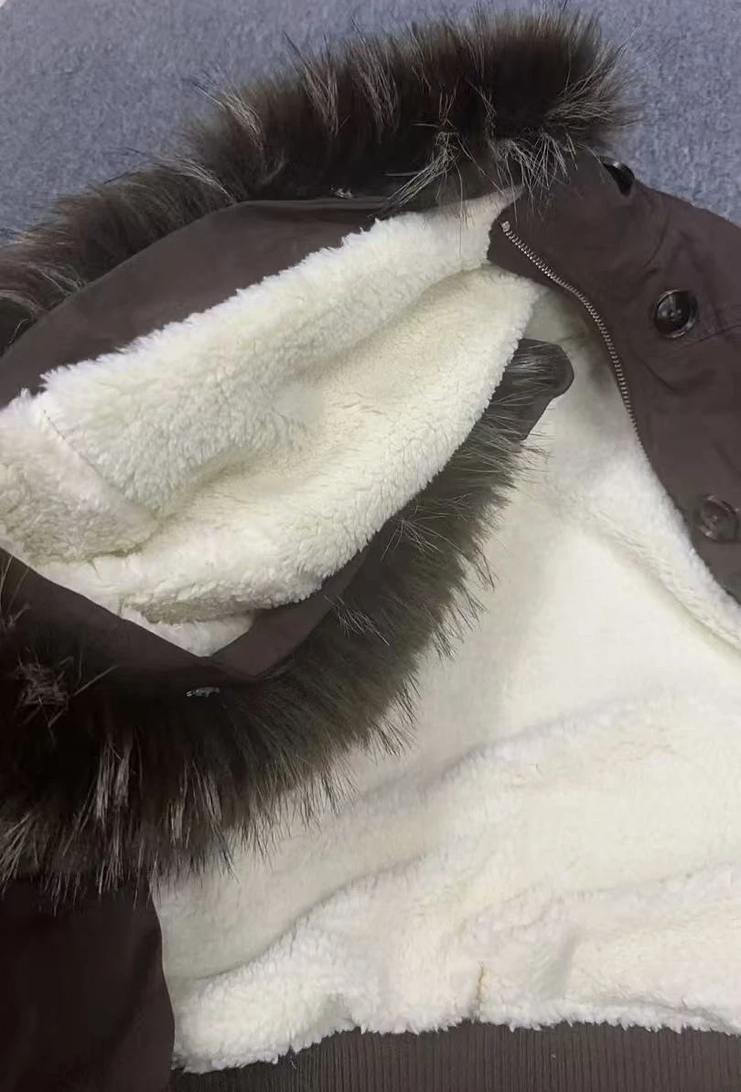 2025 European and American women's new winter retro thickened jacket brown slim-fitting unique design button zipper hoodie