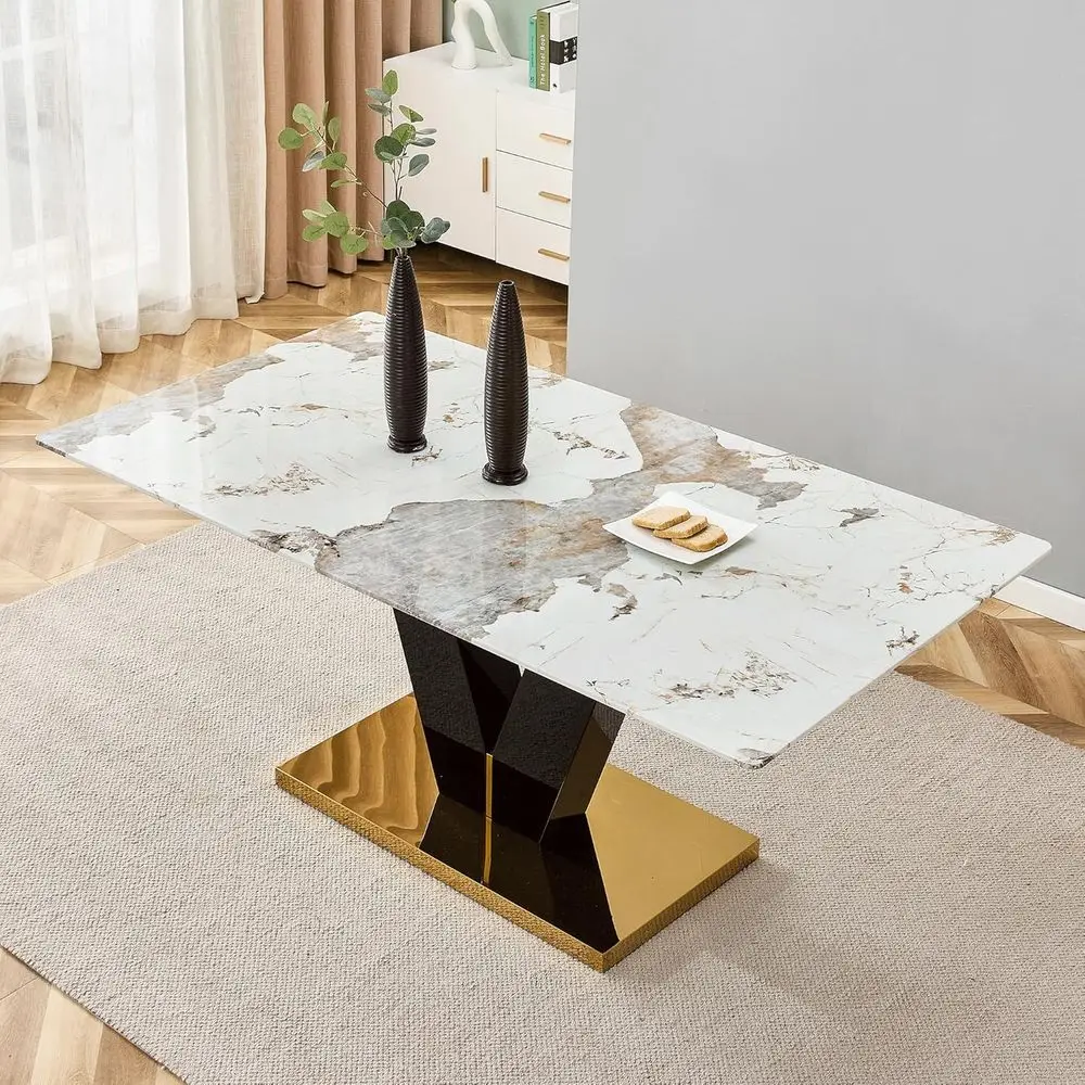 Elegant 71 Gold Marble Dining Table for 8, Stainless Steel Base, Perfect for Home & Office