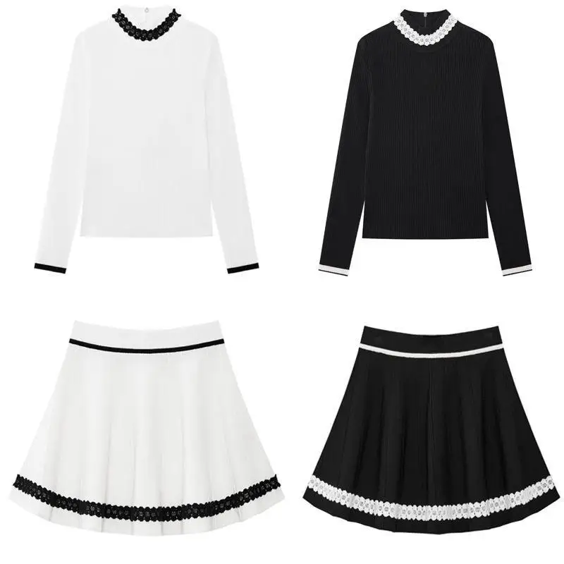New Ladies Golf 2 Piece Set Knitted Long Sleeve Top Pleated Skirt Lace Edge High Neck Slimming Golf Apparel