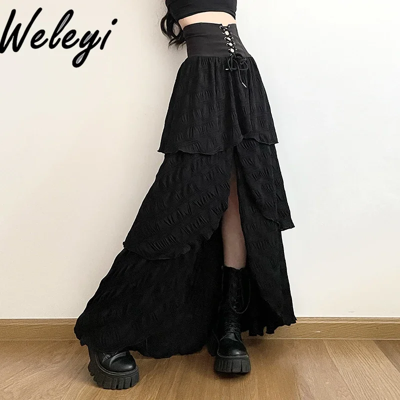 High Waist Bandage Black Long Skirt 2025 Spring and Autumn New Elegant Strap Pleated Split Fork Long A-line Cake Skirts Trendy