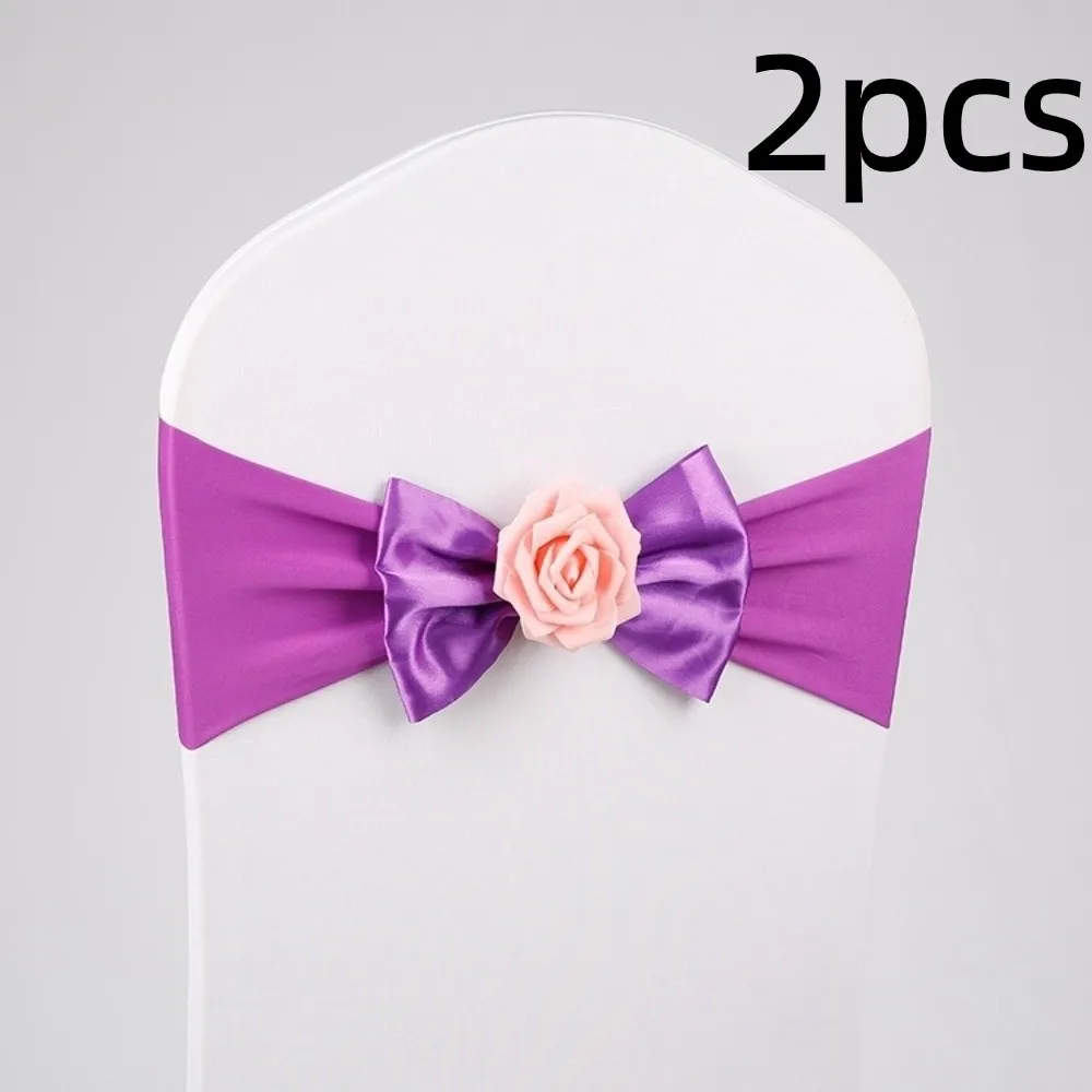 2pcs Durable Vintage Satin Chair Sashes Band Multicolor Reusable Chair Bow Tie Elastic Rose Chair Back Flower Party Event