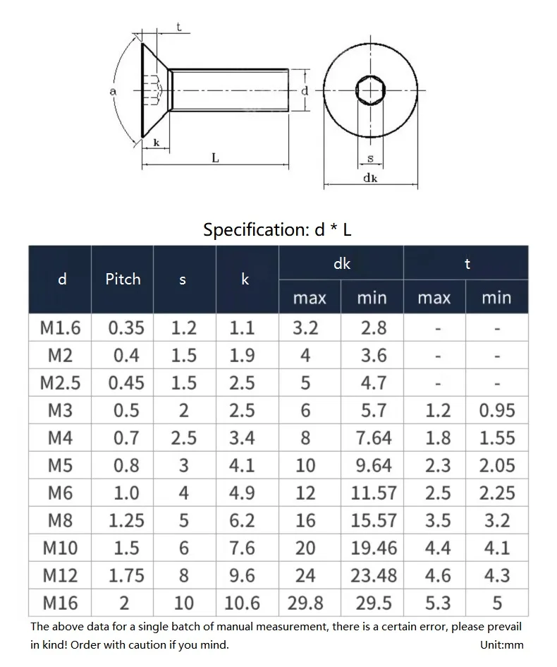 M2 M2.5 M3 M4 M5 M6 M8 M10 316 Stainless Steel Hexagon Hex Socket Head Flat Countersunk Allen Bolt Screw