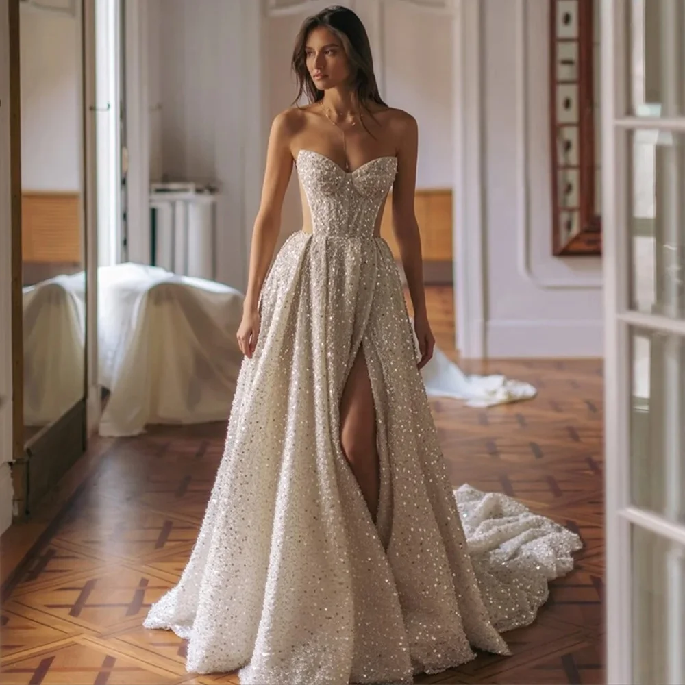 

Sparkly Sequined Organza Customized Bridal Gowns Dreamy Sleeveless Sweetheart Wedding Dress Dreamy Side Slit Vestido De Novia