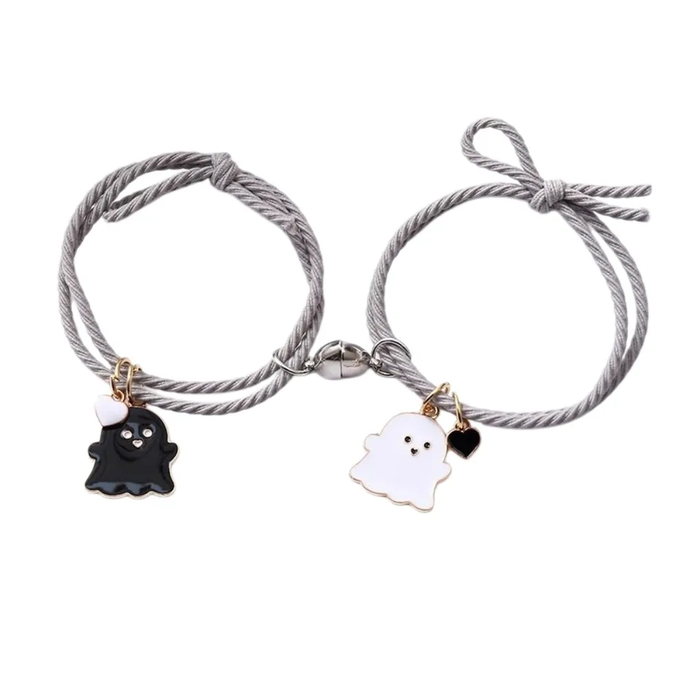Halloween Cartoon Ghost Magnetic Rope Bracelet Love Heart Magnet Black White Ghost String Magnetic Bracelet Multicolor 1 Pair
