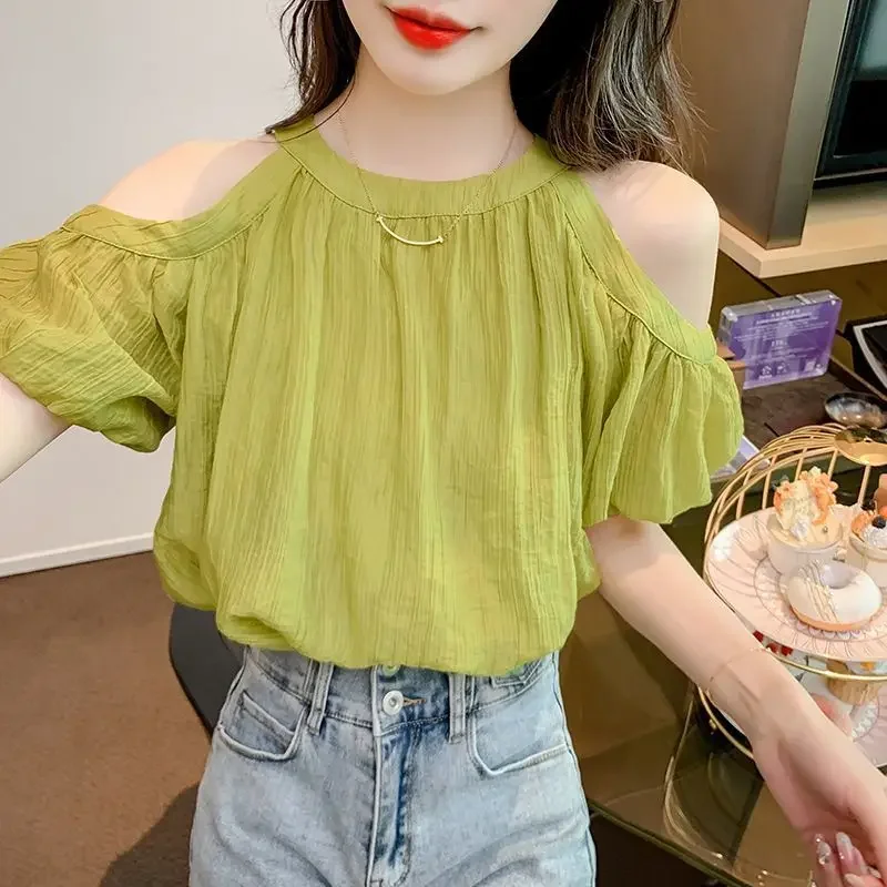 Woman Top Off Shoulder Little Fresh Green Shirts & Blouses For Women Basic Summer 2024 Novelties Fine Elegant Cool Aesthetic Hot