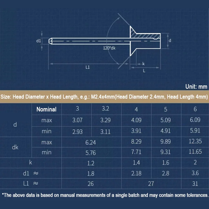 M2.4 M2.8 M3 M3 M3.2 M3.6 M4 M4.8 M5 M6.4 Flat Countersunk Head Pop Rivets Open Blind Aluminium/304 Stainless Steel Shank