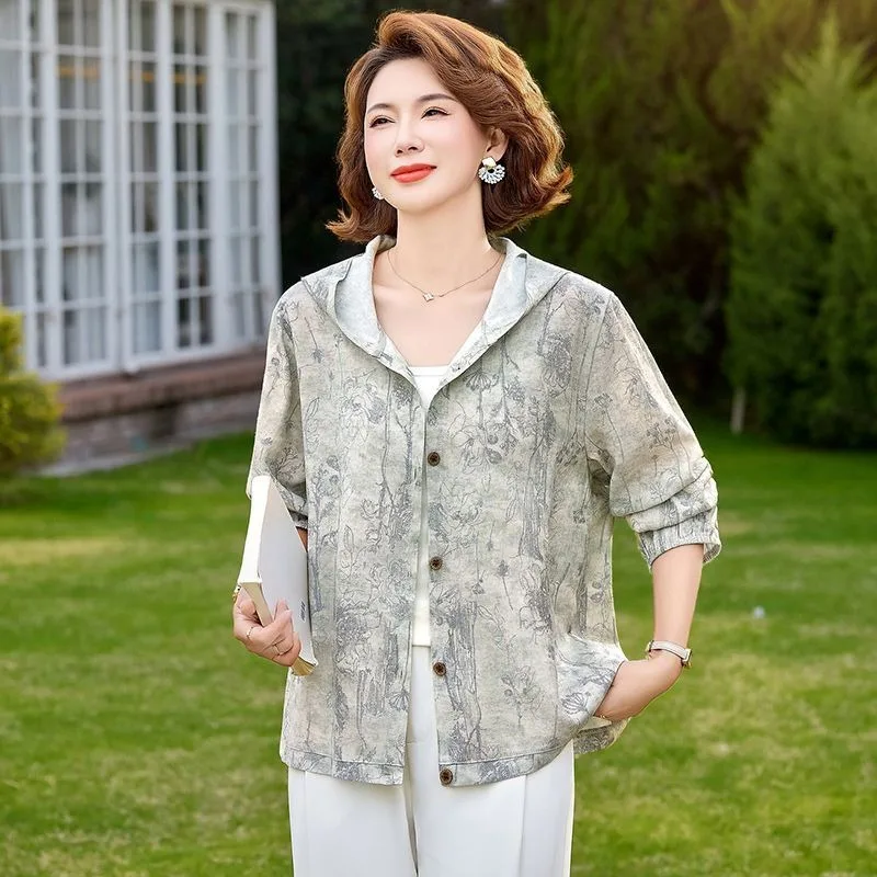 Mature Women Summer Hooded Sun Protection Jacket Floral Print Loose Breathable Coat For Mom Daily Outdoor