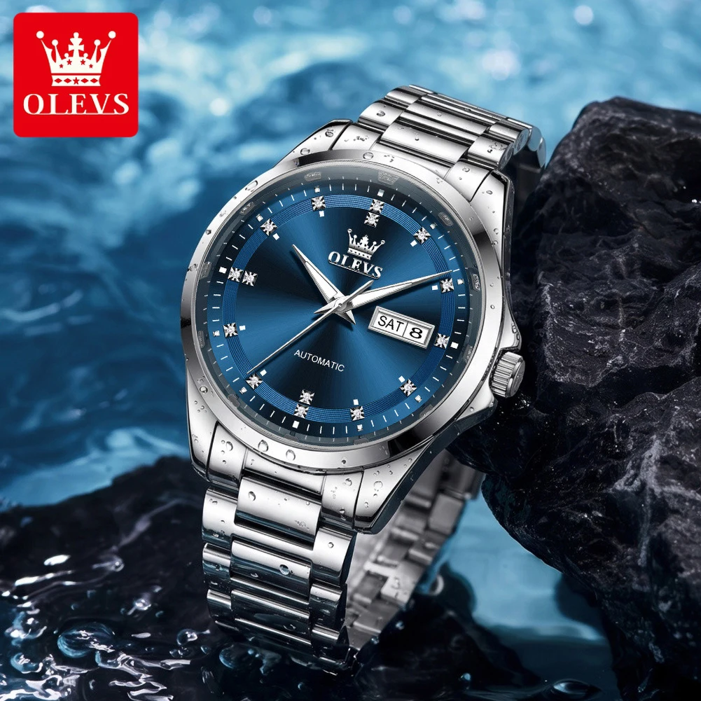 OLEVS Men Watch Luxury Business Automatic Mechanical Day Date Stainless Steel Wristwatch Waterproof Multi-Color Reloj 7136