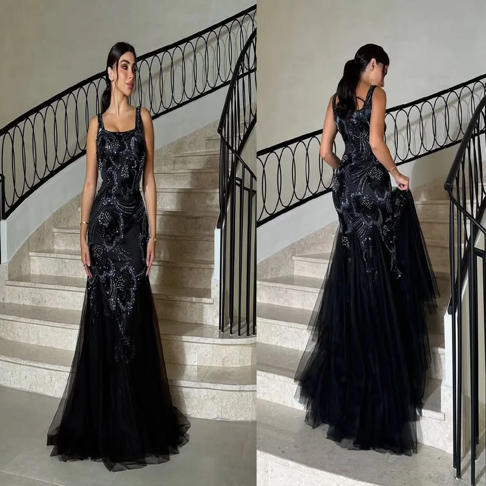 

vestidos de noche largo Square Collar Tulle Flowing Evening Dress Sheath Backless Long Prom Gown with Court Beaded Sequin Custom