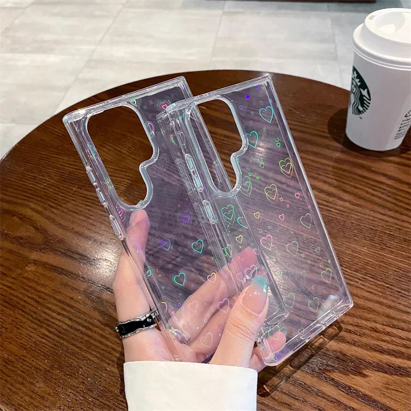 Laser heart transparent phone case for Samsung Galaxy S25 S24 S23 S22 S21 Plus Ultra S24 FE S23 FE S21 FE anti fall cover bumper