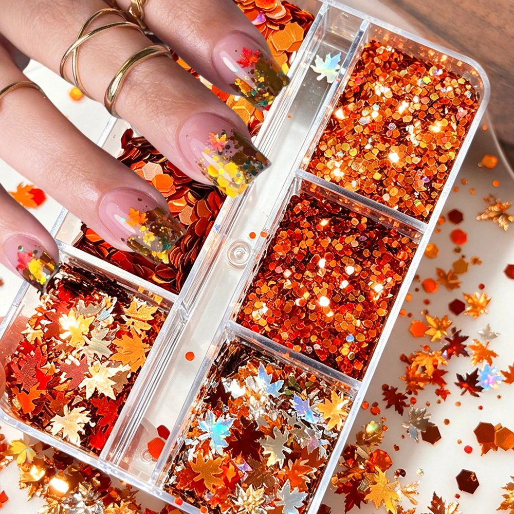 6Grids Gold Autumn Maple Leaf Nail Sequins Holographic Mixed Hexagon Glitter Flakes For Fall Salon Manicure DIY DIY Nail Supplie