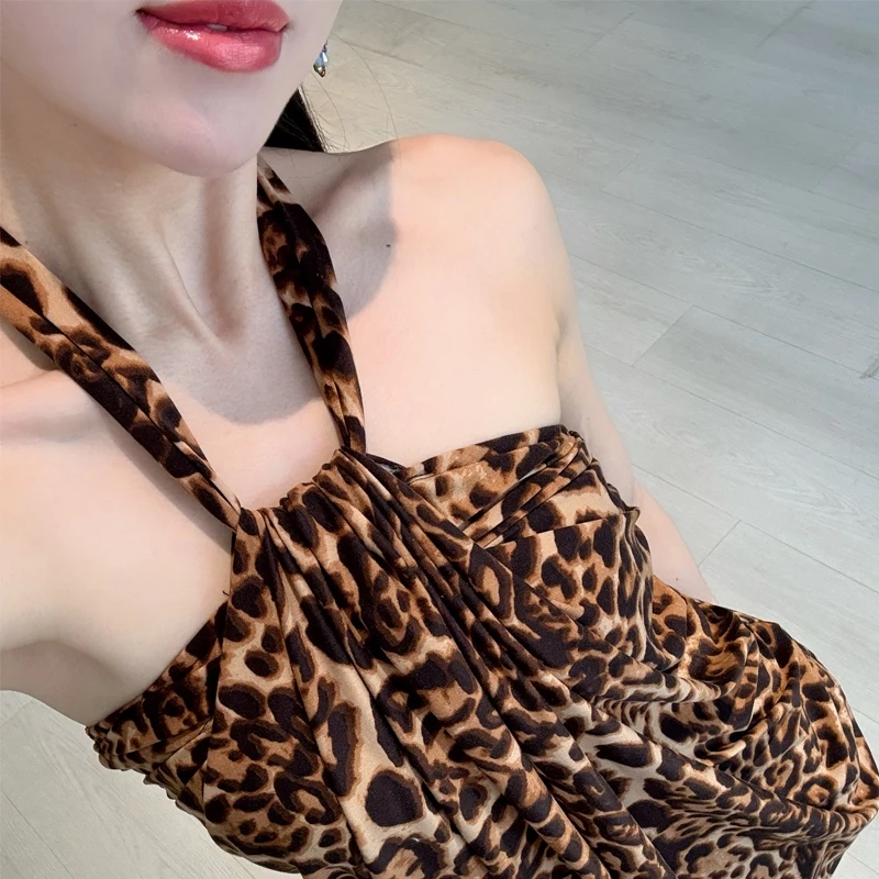 Novos trajes femininos vestido de dança latina pendurado pescoço leopardo impressão vestido prática feminino chacha rumba roupas de dança dql10682