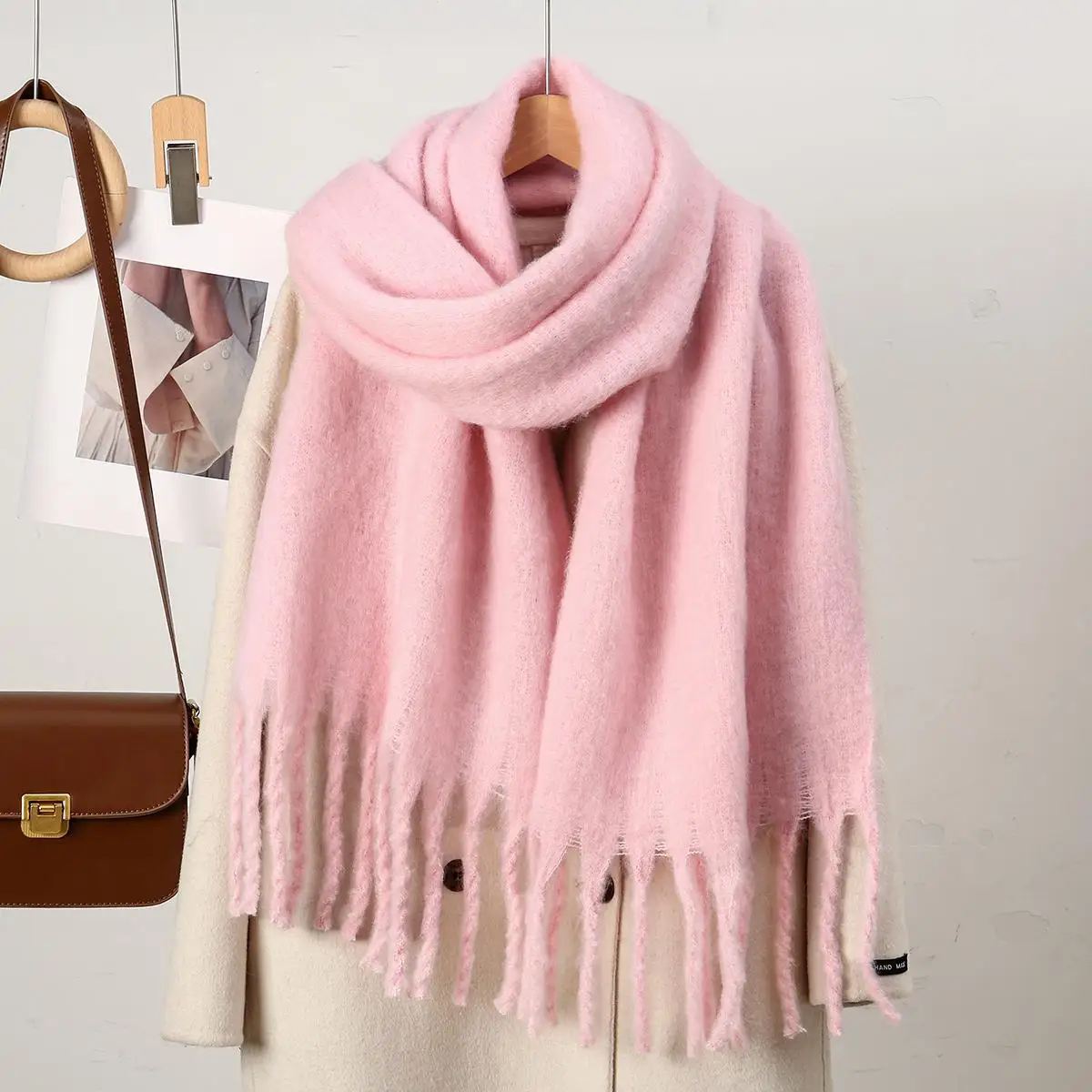 FONSAF Women' Faux Shawl Scarf - Thickened Plush Fringe Collar Suitable for Winter Warmth, Soft Suitable for Coats & Sweaters, Luxurious Fringe Shawl for Casual Outfits, Hand Washable Non-Elastic Blush Pink Scarf view 5