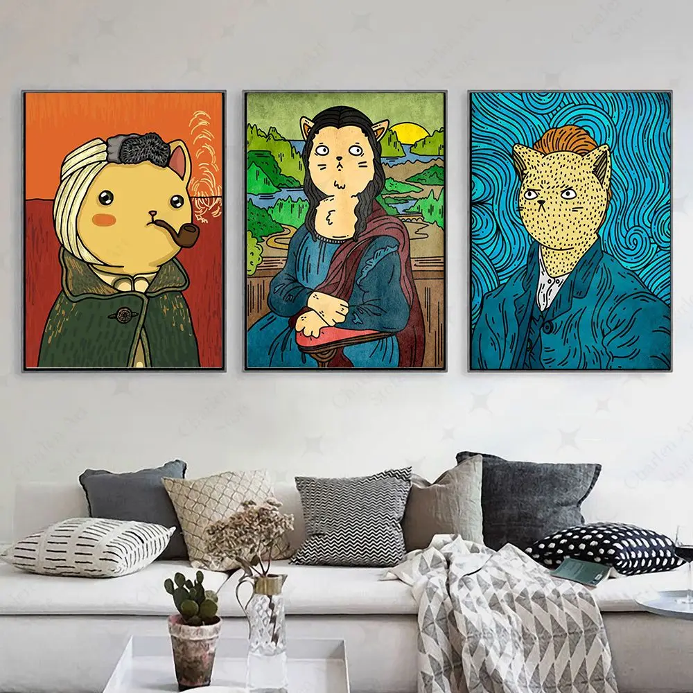 Póster de gato Scream Monalisa, impresiones de pintura en lienzo, animales divertidos, ropa, imágenes artísticas de pared para decoración del hogar y la sala de estar