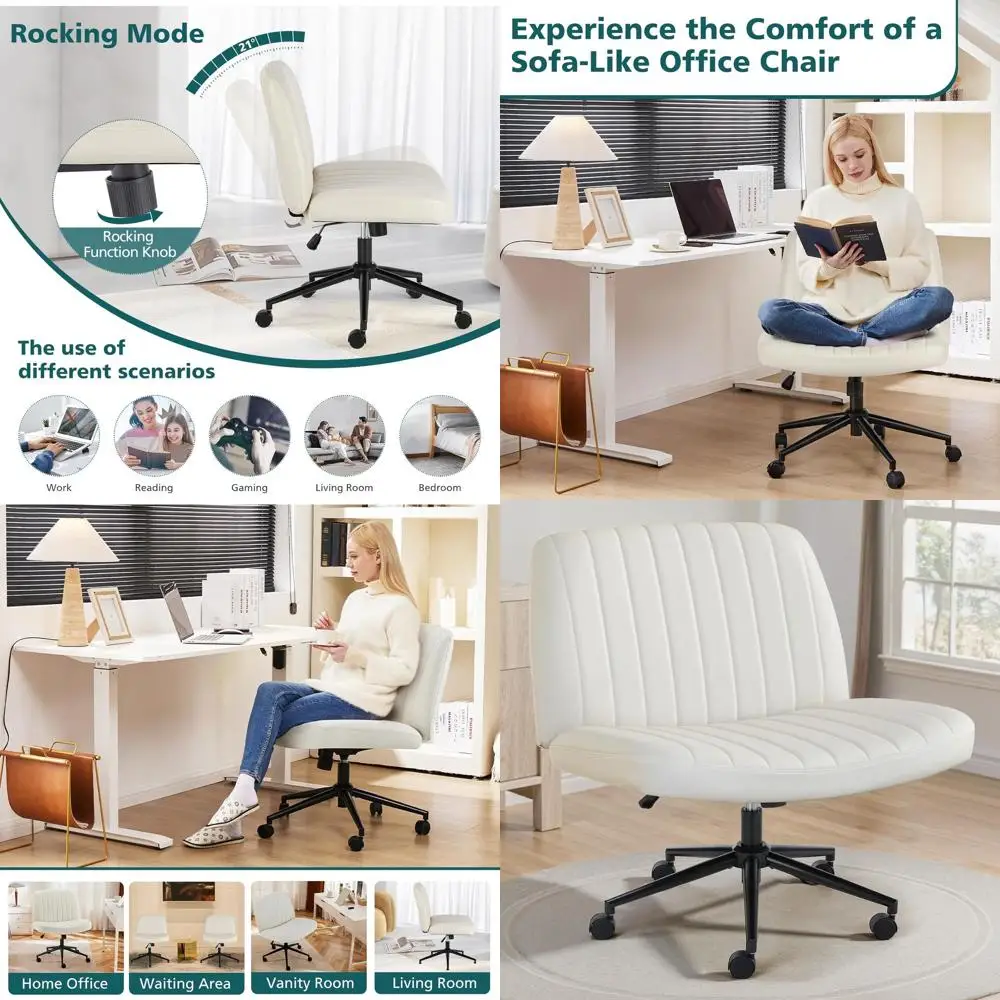 

Кресло для дома и офиса на колесиках с широкими ножками, удобными тканевыми подлокотниками и регулируемым поворотом, из бежевой искусственной кожи