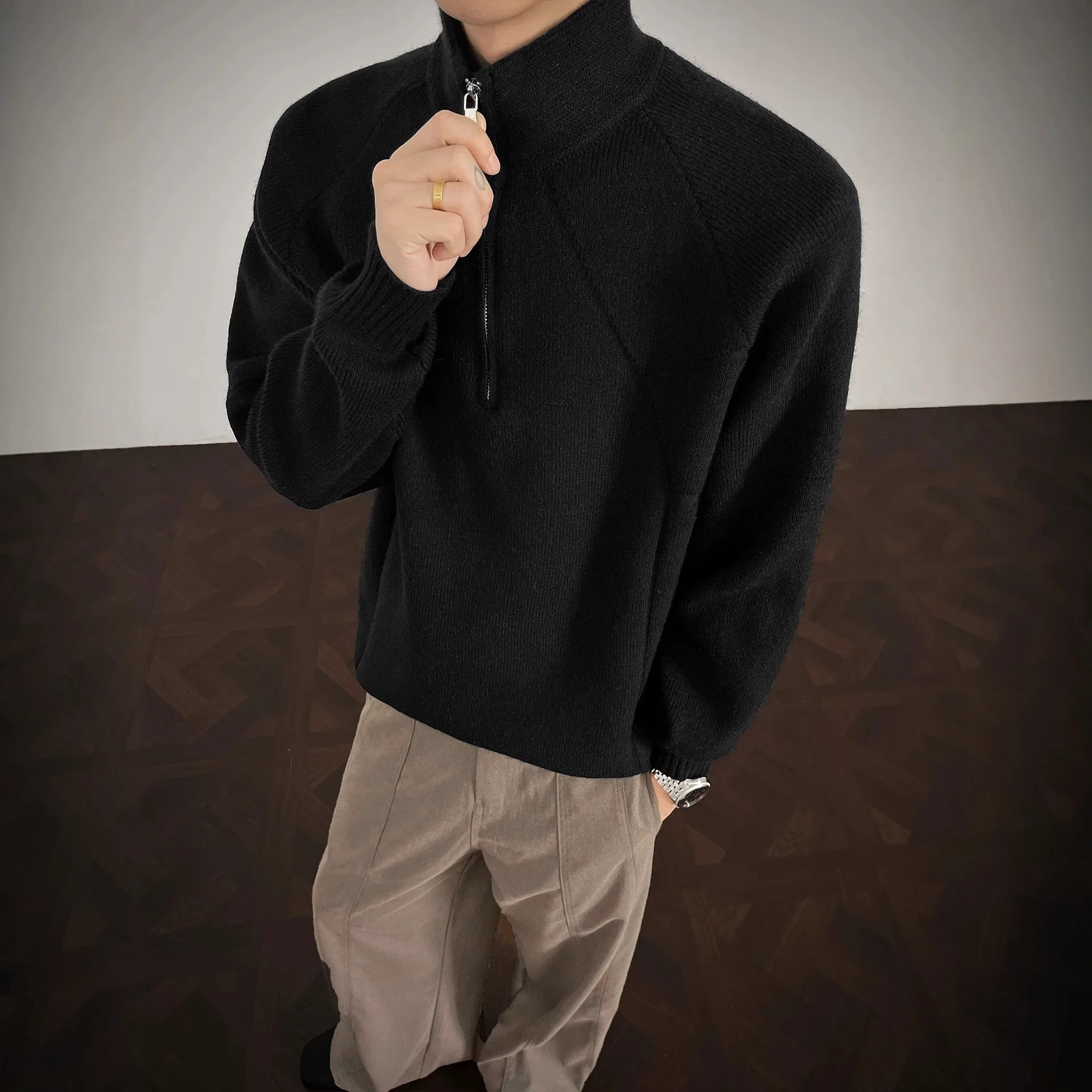 

Мужской вязаный свитер с высоким воротником, зимний повседневный свободный трикотаж, молодежный модный свитер с воротником-стойкой, длинный све, круглый Ne