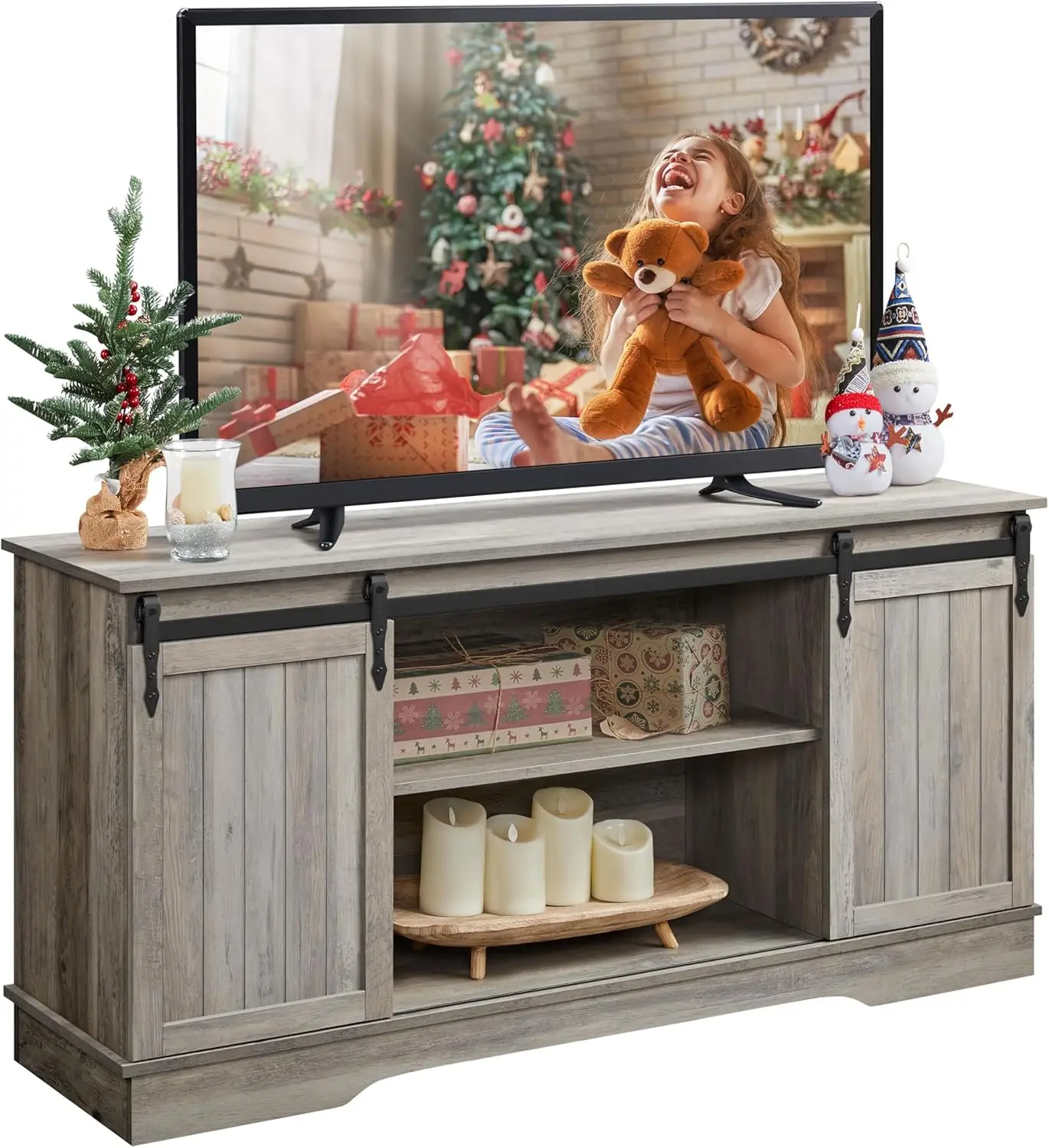 

Farmhouse TV Stand for 65'' TV, Tall Entertainment Center with Storage, Gray TV Console for Living Room with Sliding Barn Door