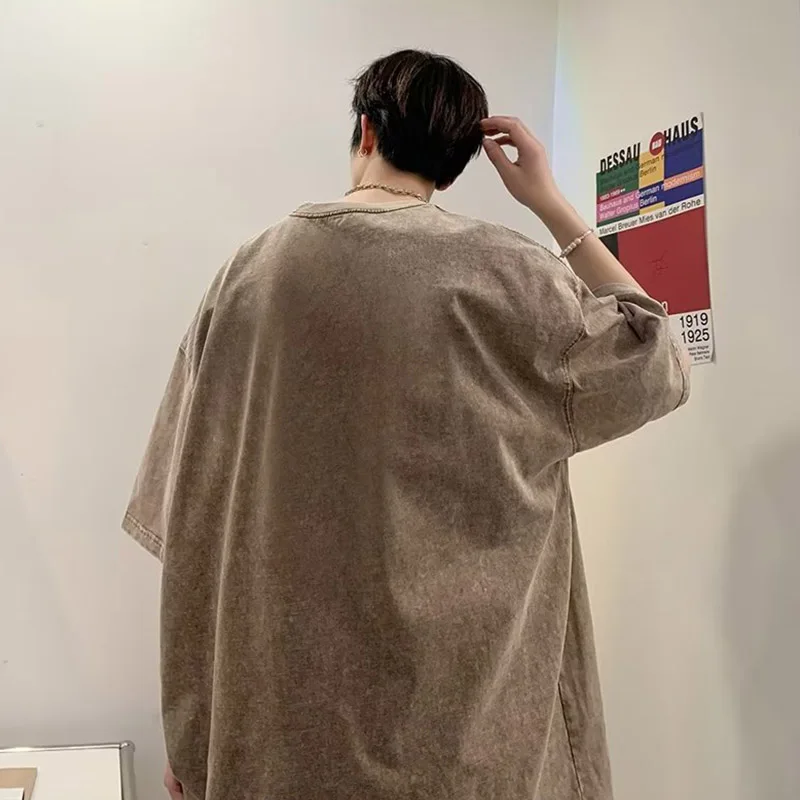 Short Sleeved T-Shirt For Men's Summer American Style Pure Cotton Washed And Distressed Ruffian And Handsome Large Half Sleeves