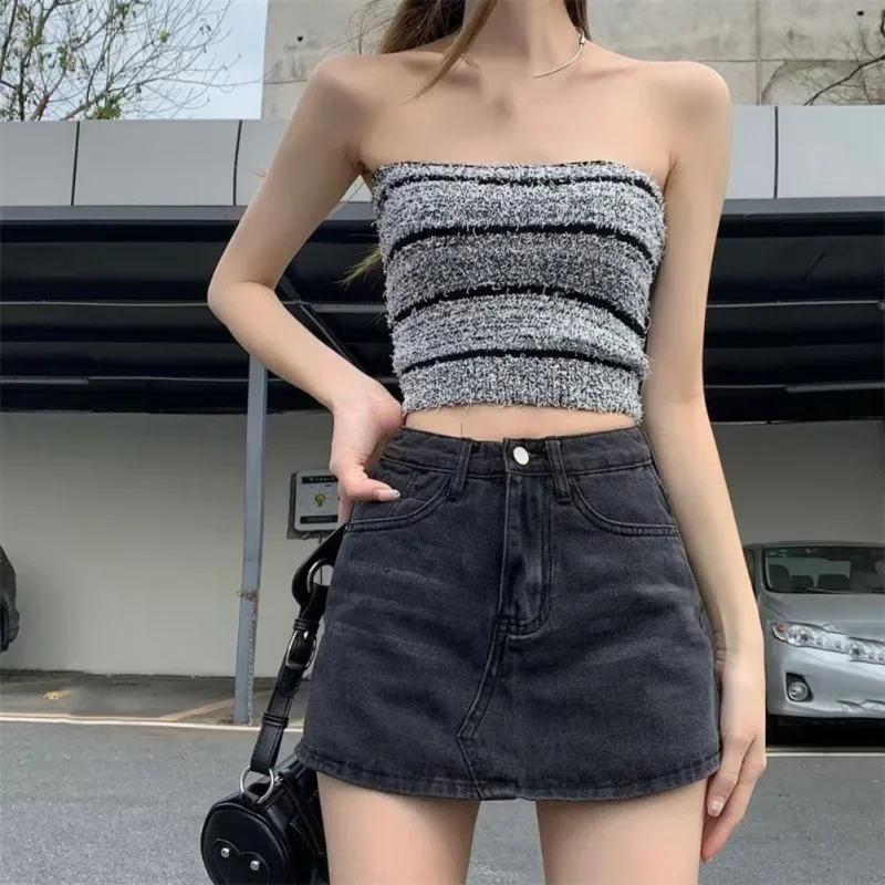 Hot Girl Design Denim Skirt for Women Summer New Style Black and Gray High Waist A-line Hip Skirt Short Skirt