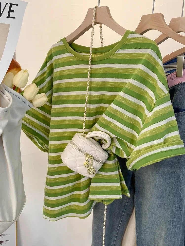 루즈핏 여성용 스트라이프 여름 디자인 감각적인 코튼 캐주얼 라운드넥 탑