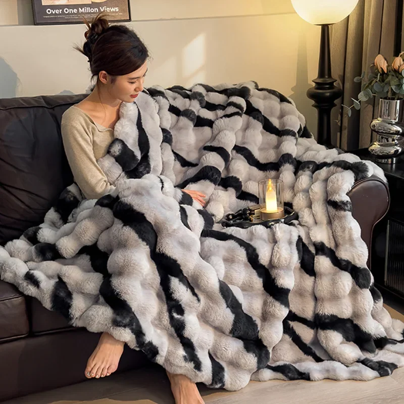 Luxury Tie-Dye Big Bubble Rabbit Fur Blanket & Duvet Cover, 2-in-1 Faux Fur Plush Throw, Ultra Soft Fluffy for Couch Bed Sofa
