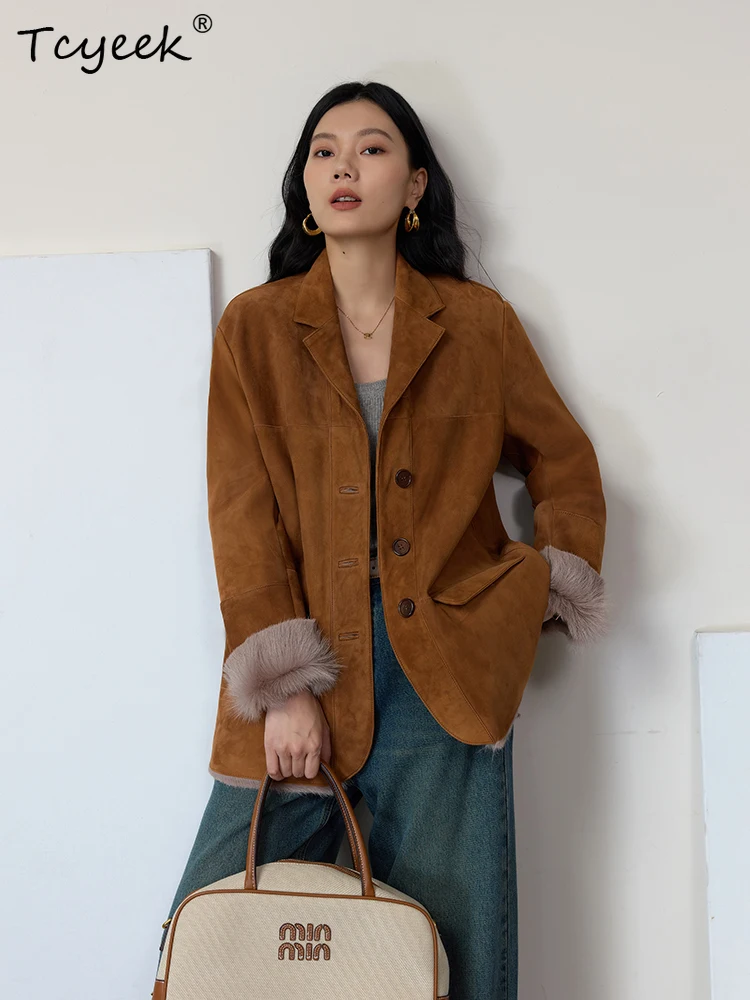 Tcyeek Prawdziwa Wełna Jesienno-Zimowa Elegancka Modna Kolor Milard Średniej Długości Damska Wełniana Peleryna z Wełny Jagnięcej Futro Fourrures Femme