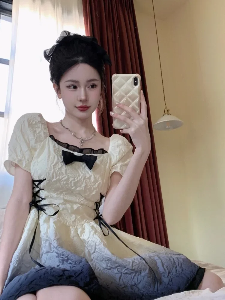 Kawaii Lolita Mini Jurk Vrouwen Zoete Gardient Kleur Boog Bladerdeeg Mouw Taille Een Lijn Prinses Jurken Fairy Party Vestidos