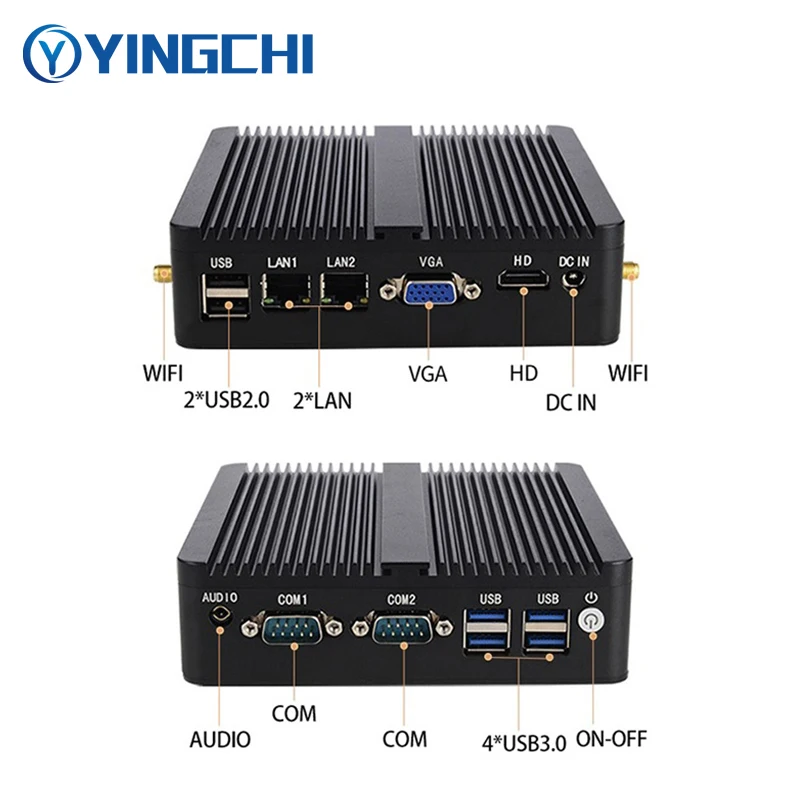 YINGCHI Mini PC Intel Celeron N2830 J1800 J1900 J4125 DUAL LAN DUAL COM Computer industriale senza ventola