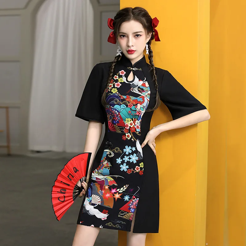 Fashion Women Qipao Burgundy Embroidery Mandarin Collar Half Sleeve Cheongsam Traditional Classic Chinese Dress Sexy Vestidos