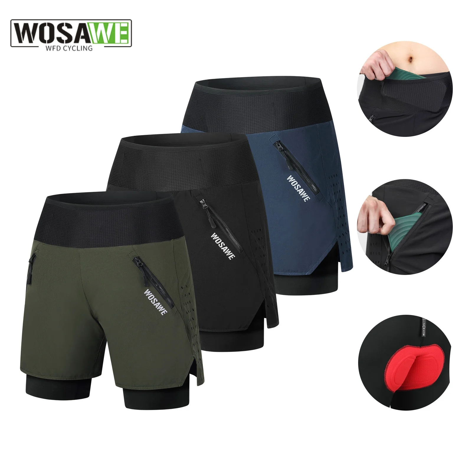 WOSAWE MTB Shorts Men 2 In 1 Quick Dry Running Shorts Multi-Pocket Breathable Double Layer Downhill Bike Cycling Shorts