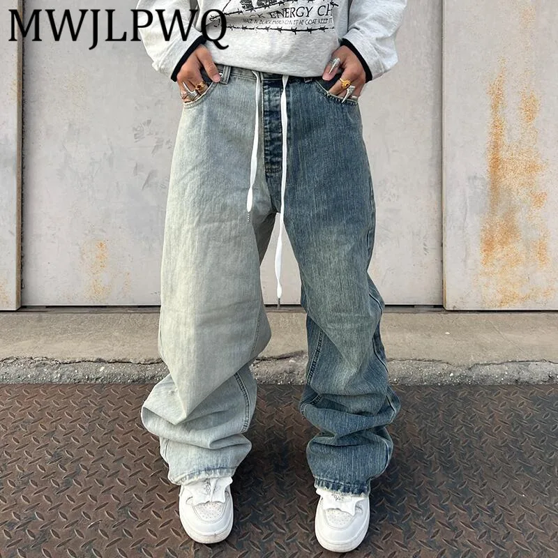 

MWJLPWQ модные джинсы в стиле пэчворк с американским дизайном, унисекс, уличные шнурки, контрастные цвета, осенние новые прямые брюки 12480