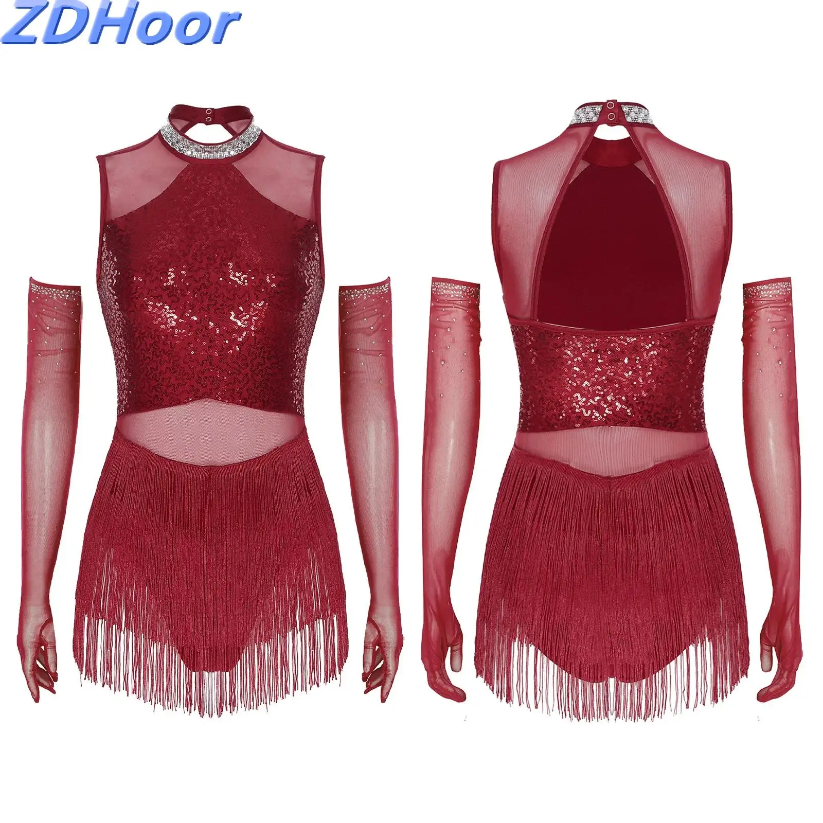 

Womens Fringe Sequin Dance Dress with Gloves for Latin Tango Rumba Cha-Cha Samba Glittery Rhinestone Collar Mesh Dress