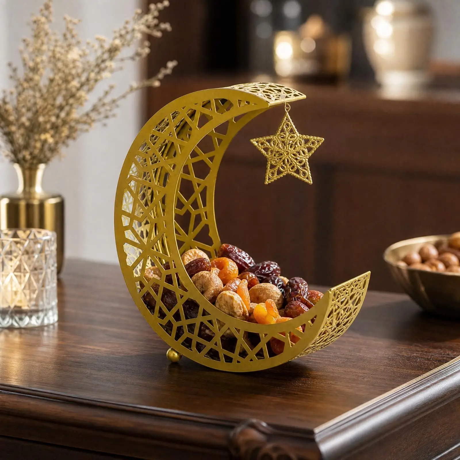 Gold Moon Shape Storage Tray with Star Pendant for Luxury Home Decor Serving Dishes