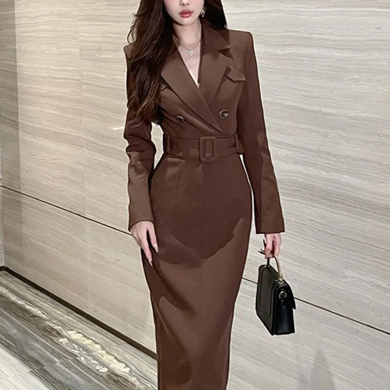 Temperamen Fashion Autumn Suit Dresses New Women Solid V-Neck Corset Button French Style Chic Long Sleeve Slim Loog A-line Dress