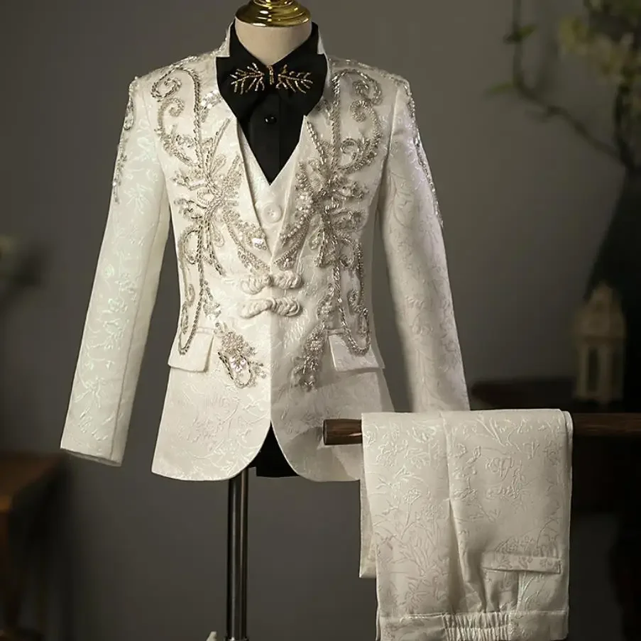 

New Children's Host Performance Suit Sequin Beads Design Kids Wedding Birthday Party Evening Gown Boys Catwalk Blazer Sets