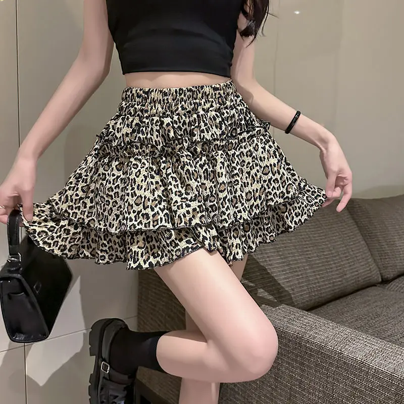 Summer Sexy Leopard High Waist Midi Skirt Female Puffy Skirt A-line Short Skirts Elastic Waist Pleated Skirt Faldas Traf юбка