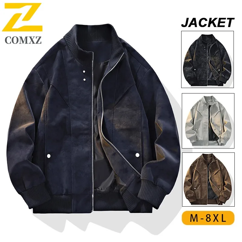 

COMXZ Men New Spring Autumn Large Size Turn down Collar PU Leather Jacket Corduroy Loose Fit Outdoor Waterproof Windproof Jacket