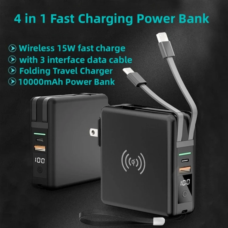 4 in 1 10000mAh Power Bank Wireless Charger USB C Powerbank for iPhone Samsung Xiaomi Portable Induction Charger Spare Battery