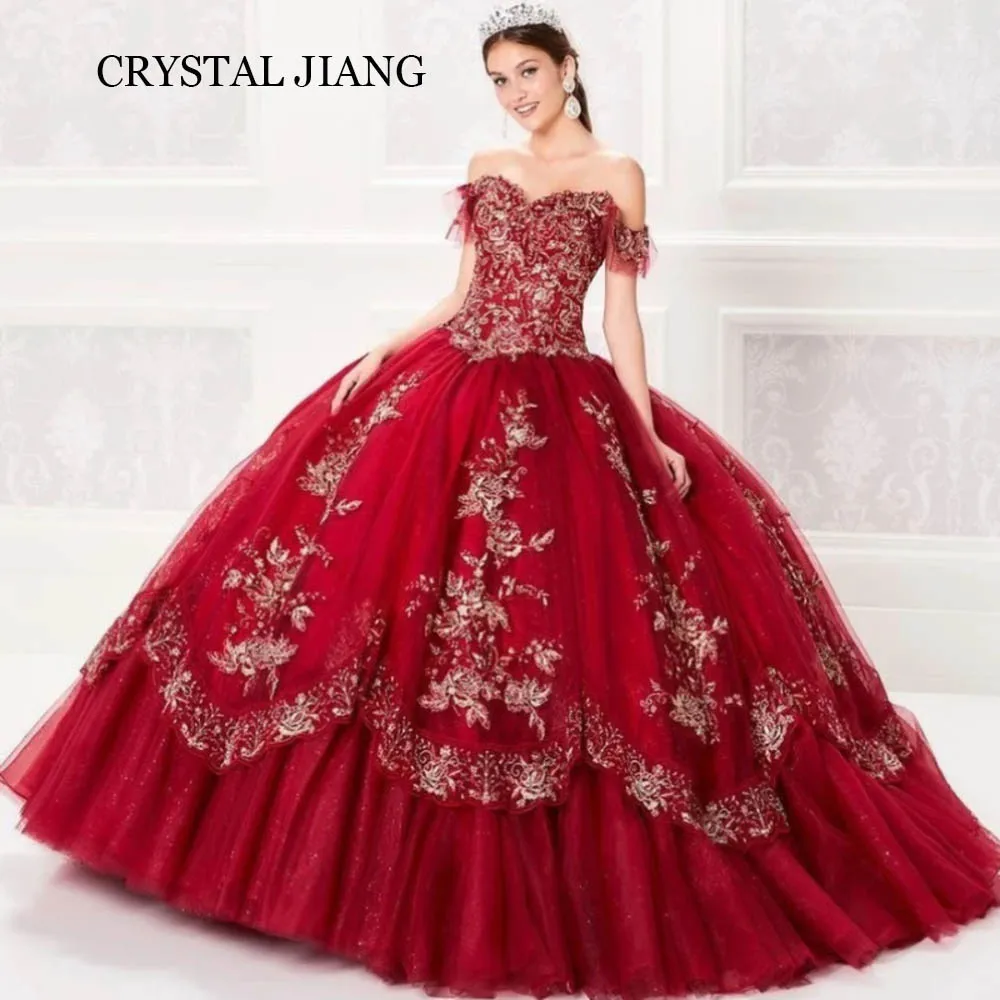 Luxury Long Red Sweetheart Shiny Tulle Quinceanera Dresses with Appliques Ball Gown Floor Length Vestidos De 15 Quinceañera