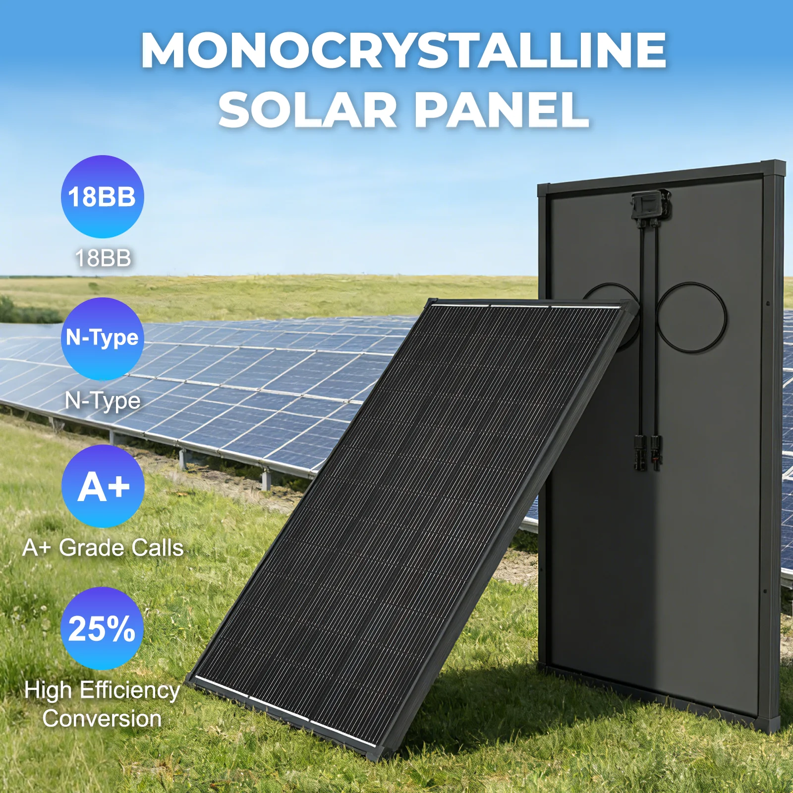 AeternaSol 200W N‑Type 18BB Photovoltaic Solar Panel with 25% Conversion Efficiency, IP68 Waterproof, Perfect for RV, Camper, Home Backup, Farm, Off-Grid, Camping and Outdoor Power Supply.
