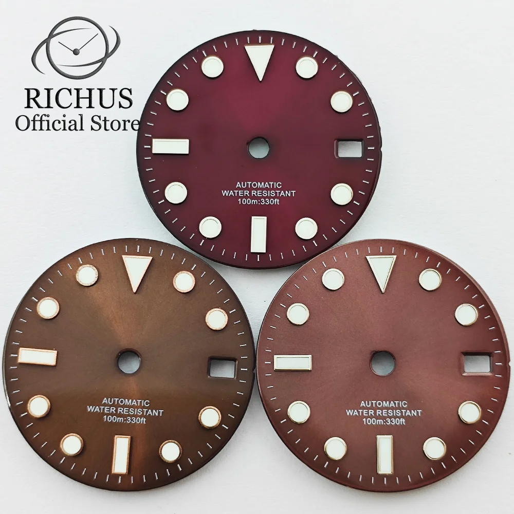 

RICHUS 28,5 мм черный, розовый, красный, синий циферблат для часов, синий, зеленый, светящийся, подходит для NH34, NH35, аксессуары для часов с механизмом, детали