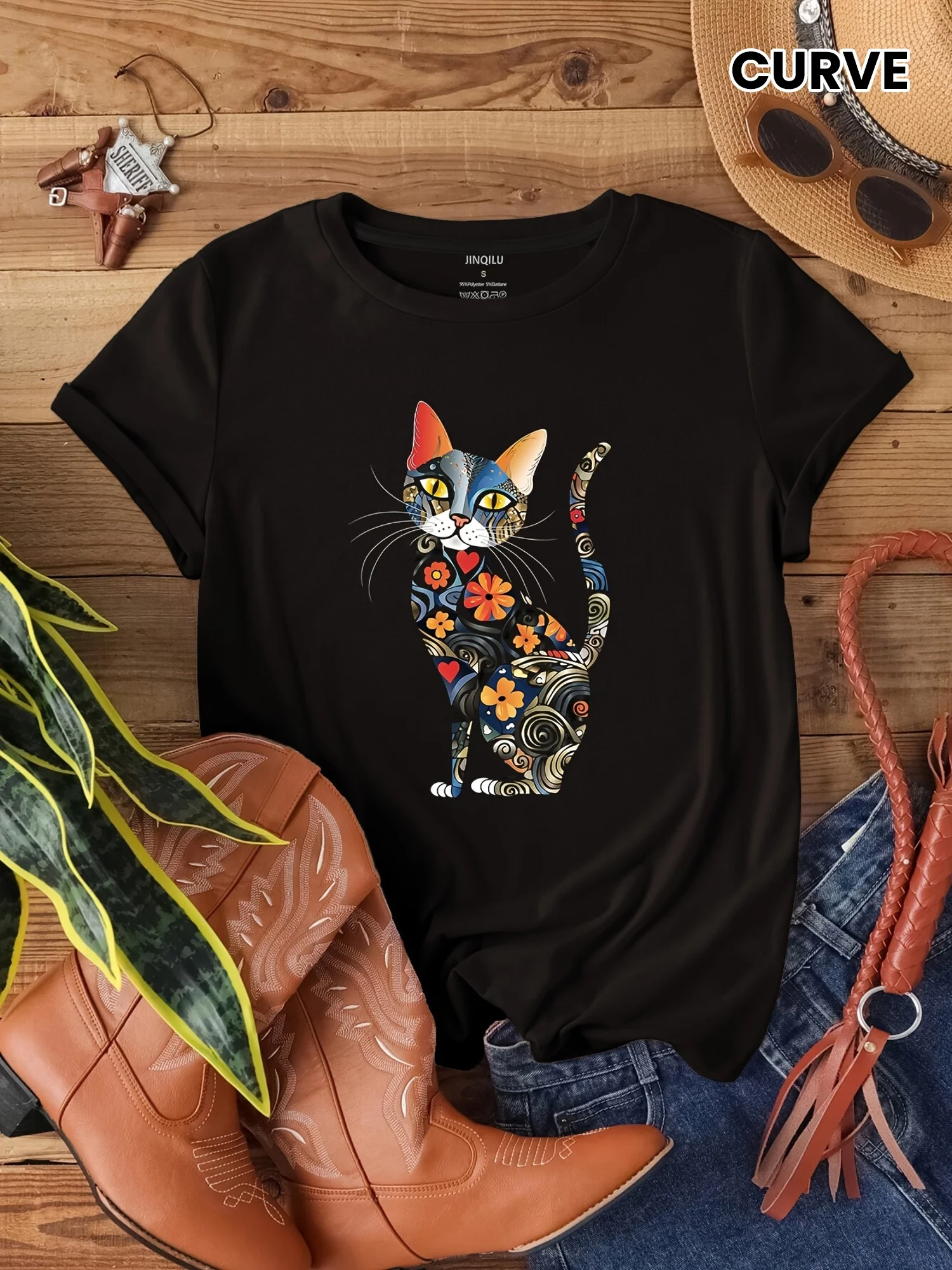 

Cat Print Crew Neck T-Shirt Casual Short Sleeve T-Shirt For Spring Summer Womens Clothing
