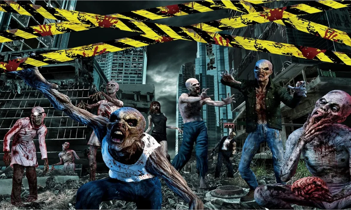 Halloween Zombie Backdrop for The End World Destroyed City Ruins Background Scary Blood Cordon Warning Help Hallowmas Eve Party